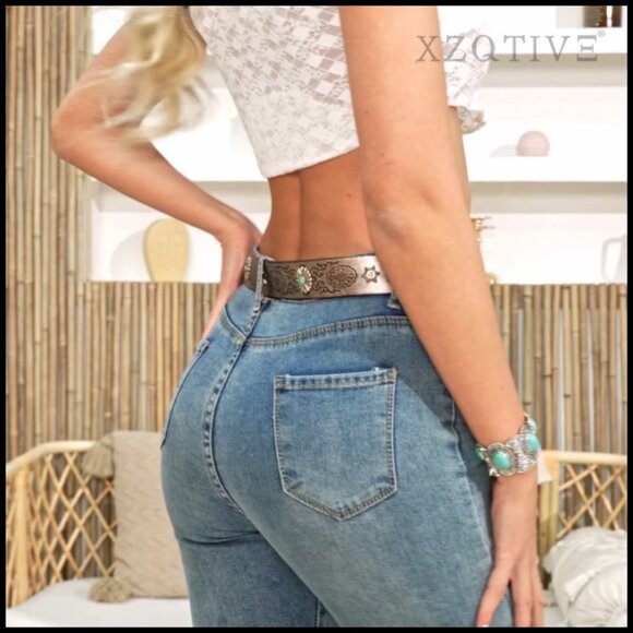 Vintage Western Leather Belt Concho Buckle Adjustable Boho Cowgirl Style - Picture 5 of 6